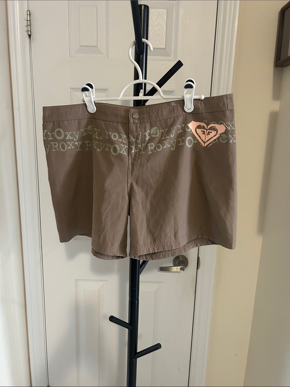 Roxy Taupe Logo Bermuda Shorts with Pink Heart Accent